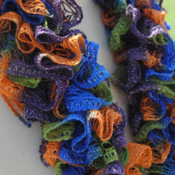 Crochet Blue and Orange Ruffle Scarf/New - Picture 2 of 3